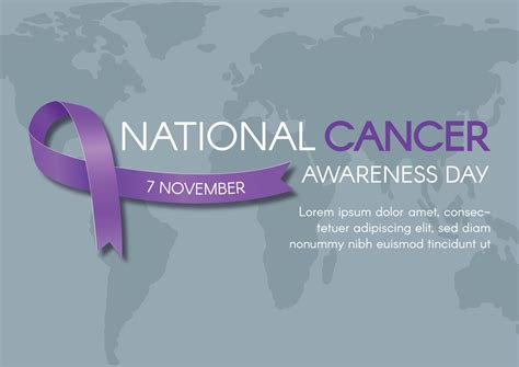 National Cancer Awareness Day. Horizontal poster with purple ribbon and ...