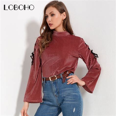 New Fashion Velvet Blouses Women Tops Autumn Winter 2018 Lace Up Blouse