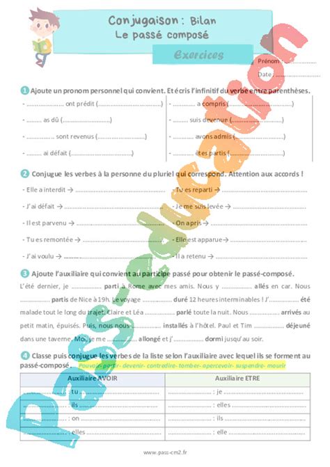 Le passé composé bilan Exercices de conjugaison pour le cm2 PDF à