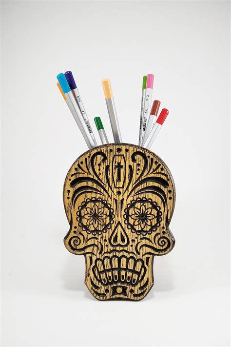Sugar Skull Wood Pencil Holder Carved Skull Pen Stand Desk Etsy