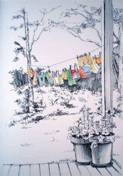 Washline Ink Pen Drawings Watercolor And Ink Art Drawings