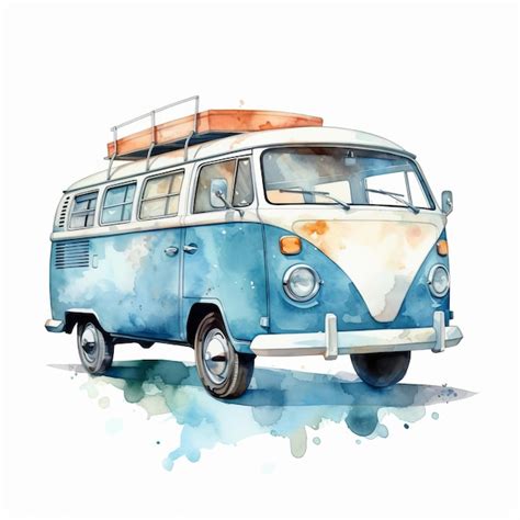 Premium Photo Watercolor Vw Bus Clipart In Blue Rider Style