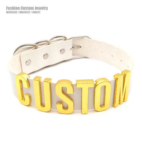 30mm Punk Gold Letters Soft White Pu Leather Collars Customized Slave