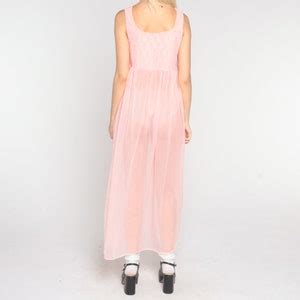 Bubblegum Pink Nightgown Sheer Lace Slip Dress S Maxi Night Gown Boho Lingerie Vintage S