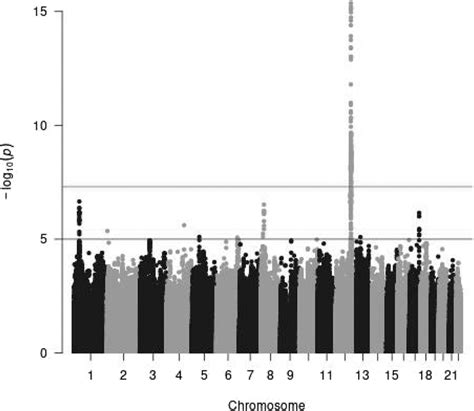 A Manhattan Plot The X Axis Shows Chromosomal Positions And The Y Axis Download Scientific