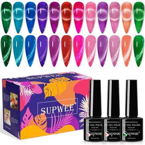 Supwee Neon Cat Eye Gel Polish Set With Magnetic Sparkle Glitter Cateye Nail Polish