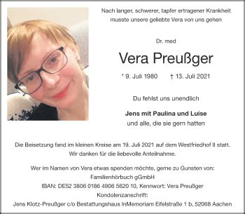 Traueranzeigen von Vera Preußger Aachen gedenkt