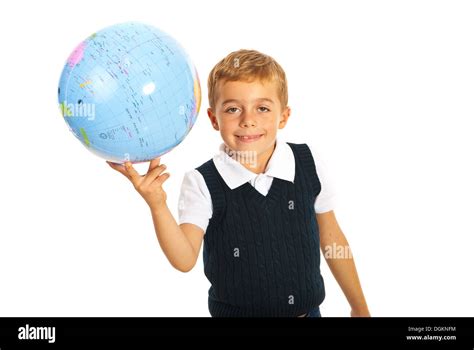 Happy Boy Holding World Globe On Fingers Isolated On White Background