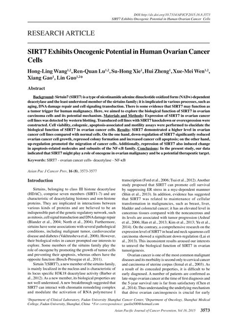 Pdf Sirt Exhibits Oncogenic Potential In Human Ovarian Cancer Cells