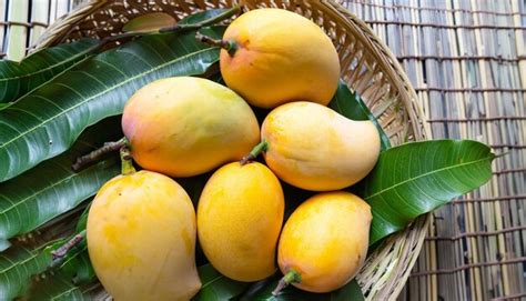 Una Canasta De Mangos Se Muestra Sobre Una Mesa Foto Premium