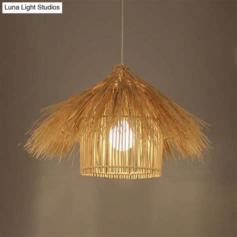 Handcrafted Asian Bamboo Pendant Light Fixture In Coffee Flaxen Shade