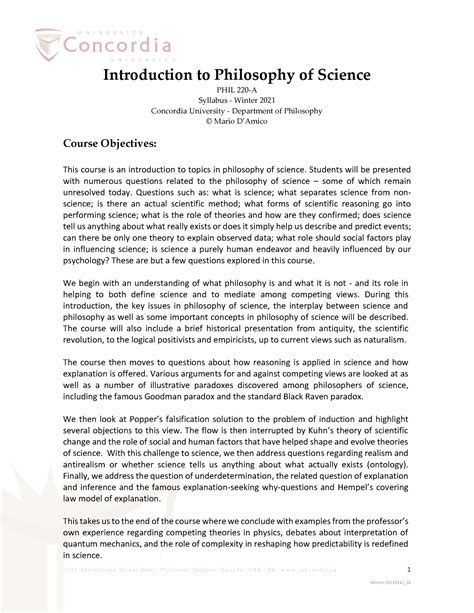 Phil Syllabus Introduction To Philosophy Of Science Phil