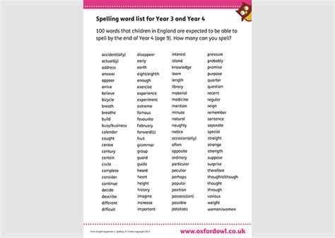 Year 3 And Year 4 Spelling Words Oxford Owl For Home