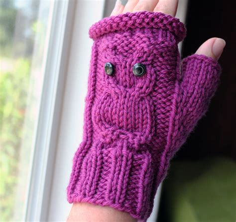 Owl Cable Fingerless Knit Gloves Surly Sheep Pdf Pattern Etsy