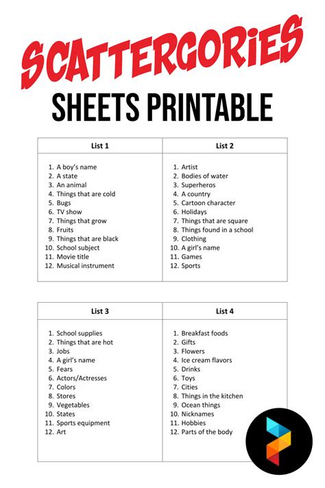 Car themed scattergories lists printable - leaselomi