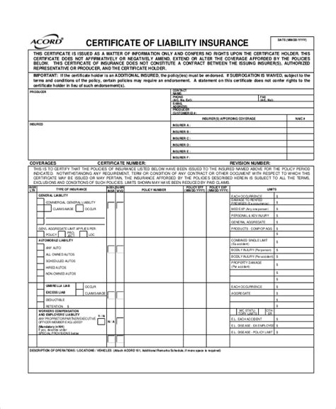 Certificate Of Liability Insurance Template