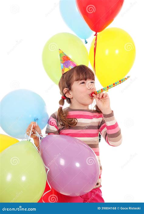 Little Girl With Trumpet Hat And Balloons Birthday Party Stock Photo