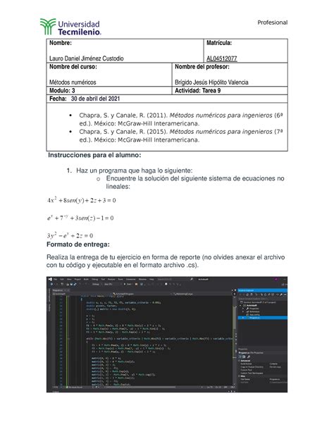 Tarea 9 Metodos Numericos Profesional Nombre Lauro Daniel Jiménez