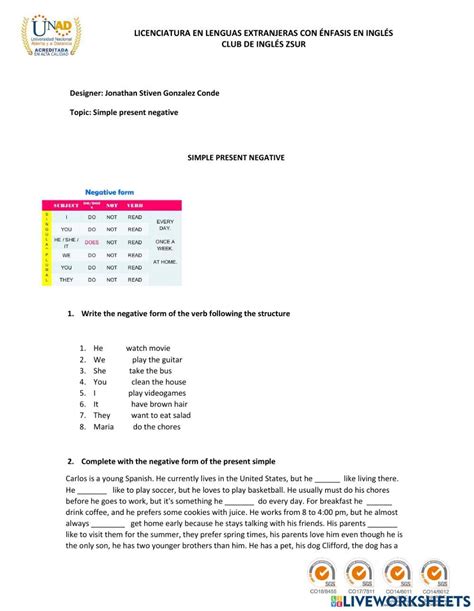 Present Simple Negative Worksheet Live Worksheets