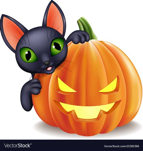 Cartoon black cat holding halloween pumpkin Vector Image