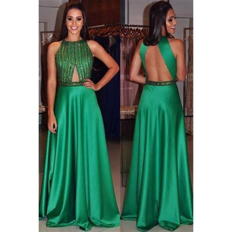 Front Cut Out Open Back Emerald Green Silk Beaded Evening Prom Dress