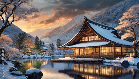 Serenity At Sunset Traditional Japanese House With A Dark Onsen