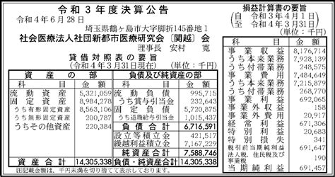 社会医療法人社団新都市医療研究会〔関越〕会 令和3年度決算公告 官報決算データベース