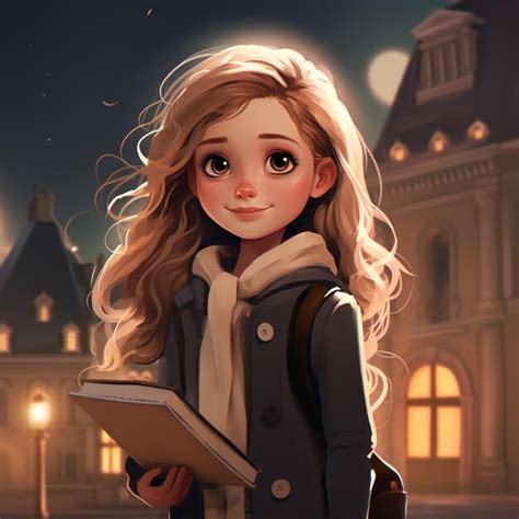 Premium Photo Cartoon Girl With Long Blonde Hair Holding A Book In Front Of A Building