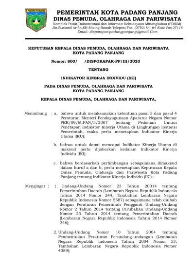 KEPUTUSAN KEPALA DINAS PEMUDA OLAHRAGA DAN PARIWISATA KOTA PADANG