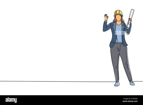 Continuous One Line Drawing Female Architect Stood With Gesture Okay