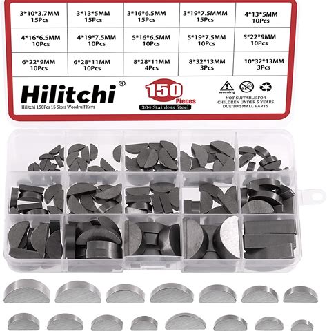 Hilitchi 150Pcs 15 Sizes Carbon Steel Woodruff Keys Half Moon