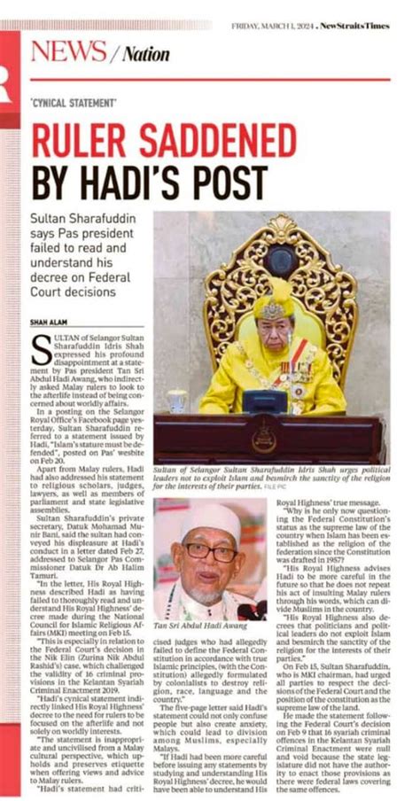 Semua Media Laporkan Kekecewaan Sultan Selangor Terhadap Hadi Harapan