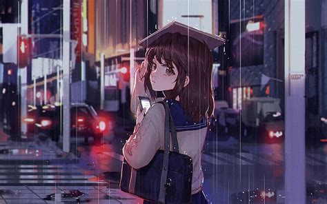 2560x1600 Anime Girl Raining Smartphone Urban Street Macbook Pro