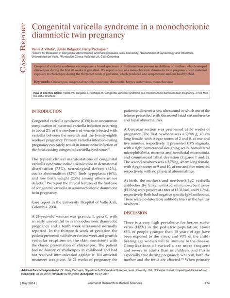 Pdf Congenital Varicella Syndrome In A Monochorionic Diamniotic Twin Pregnancy