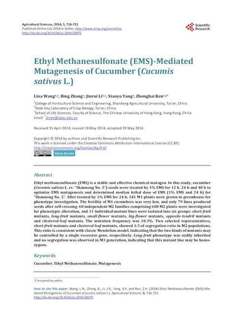 Pdf Ethyl Methanesulfonate Ems Mediated Mutagenesis Of