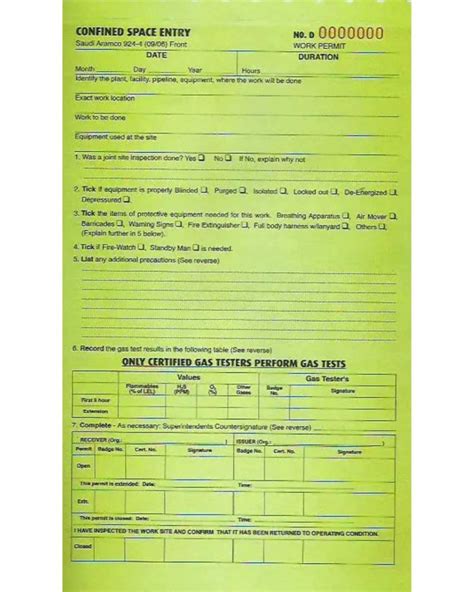 Saudi Aramco Work Permit Types Confined Space Entry Work Permit