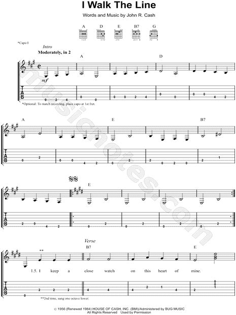 Johnny Cash I Walk The Line Guitar Tab In A Major Download And Print