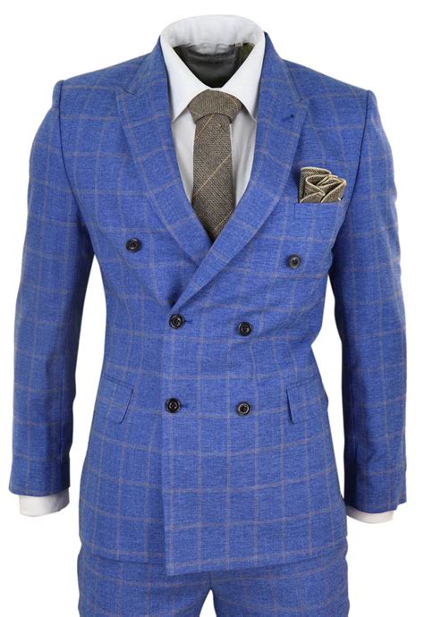 Mens Tweed Double Breasted Blue Check Suit Happy Gentleman