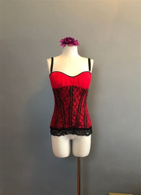 90s Corset Black And Red Corset Lingerie Lace Corset Top L Large 40 Bust Etsy