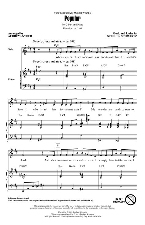 Popular From Wicked Arr Audrey Snyder By Stephen Schwartz Sheet Music For 2 Part Choir At