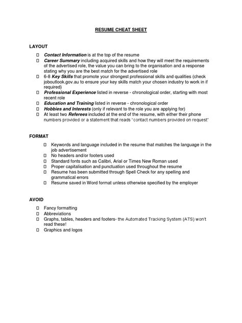 Resume Cheat Sheet Layout And Format Guide Pdf Résumé Computing