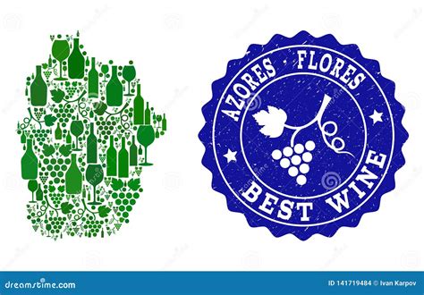 Colagem Do Mapa Do Vinho Da Uva De Açores De Ilha De Flores E Da