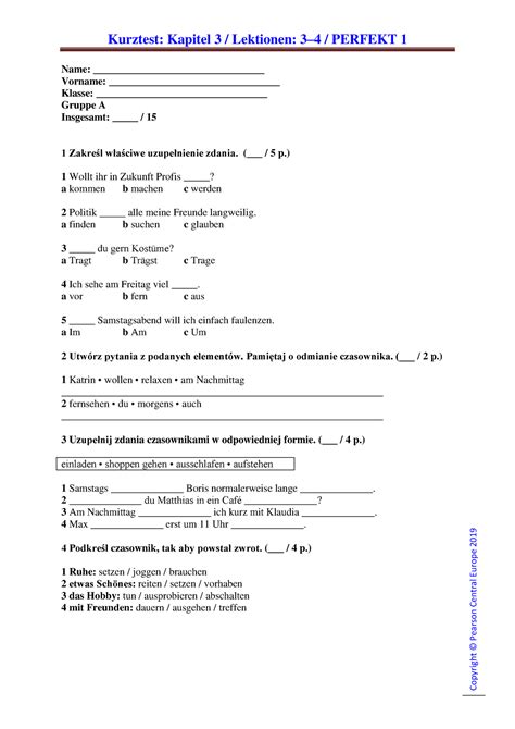 Perfekt 1 Kurztest K3 L3 4 A Kurztest Kapitel 3 Lektionen 34