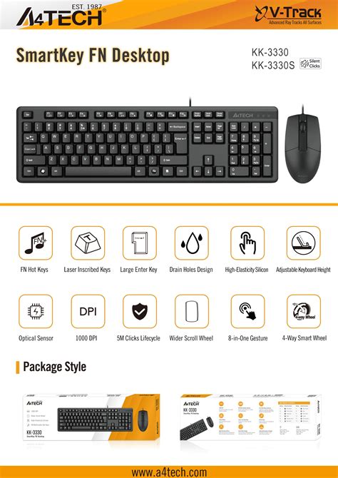 A4Tech KK-3330S Multimedia FN Keyboard Mouse Set - Silent Clicks Mouse