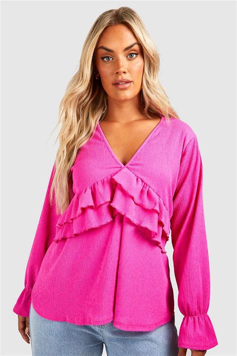 Hot Pink Plus Textured Ruffle Smock Top Boohoo Uk