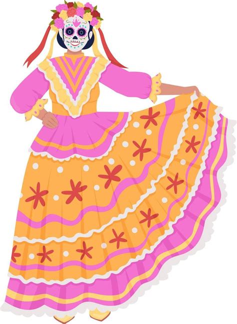 Female Mexican Costume Semi Flat Color Vector Character Editable