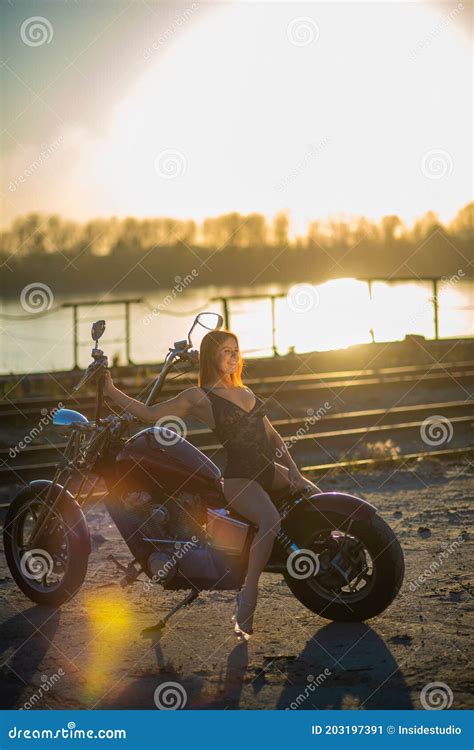 Red Haired Woman In Lingerie In High Heels Sits On A Motorcycle Stock Image Image Of Leisure