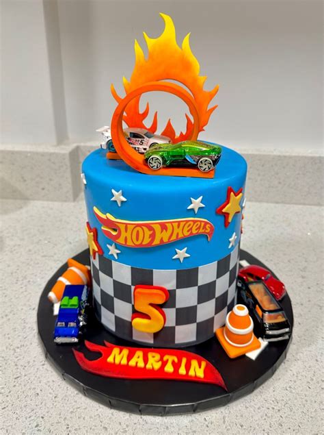 Hot Wheels Cars Cake With Ring Of Fire And Checkerboard Pattern