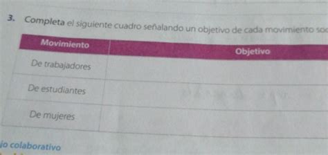 completa el siguiente cuadro señalando un objetivo de cada movimiento