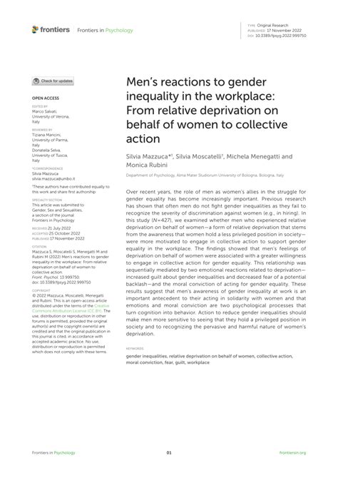 Pdf Mens Reactions To Gender Inequality In The Workplace From